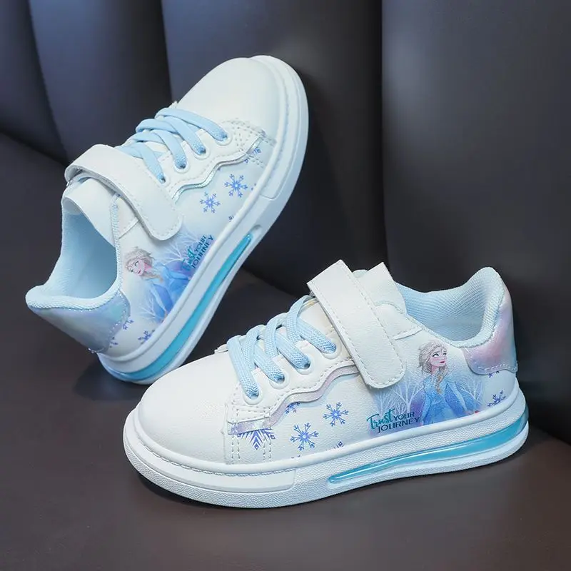 Disney Girls\' White Shoes Leather Cartoon Princess Elsa Shoes Spring Girls\'  Sports Blue White Shoes Sneakers Size 26-37