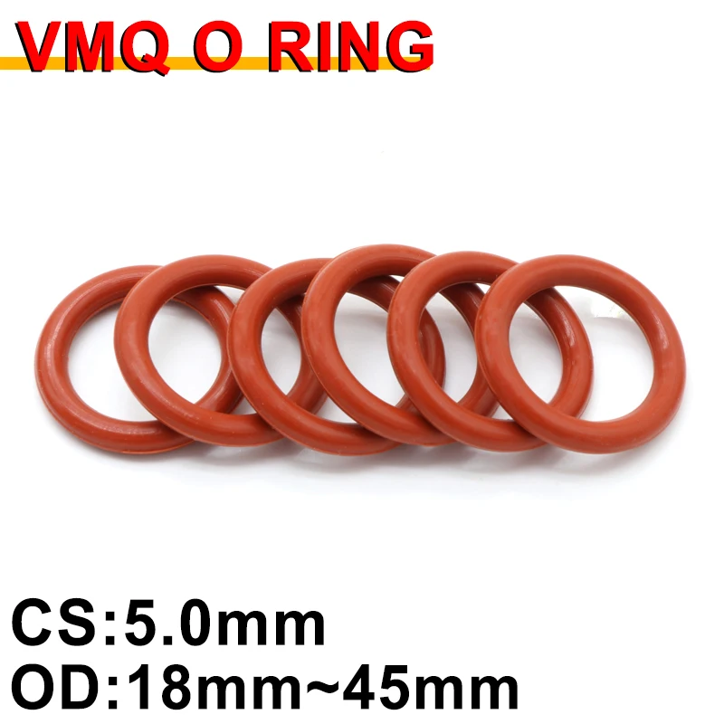 

10pcs Red Silicone O Ring Gasket CS 5mm OD 18~45mm FoodGrade Waterproof Washer Rubber Insulated Round O Shape Seal Thickness 5mm