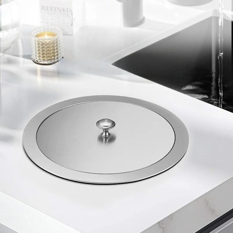 Stainless Steel Trash Can Embedded Kitchen Countertop Litter Bins Desktop Hide Lid Trash Cans Round Garbage Recycling Supplies