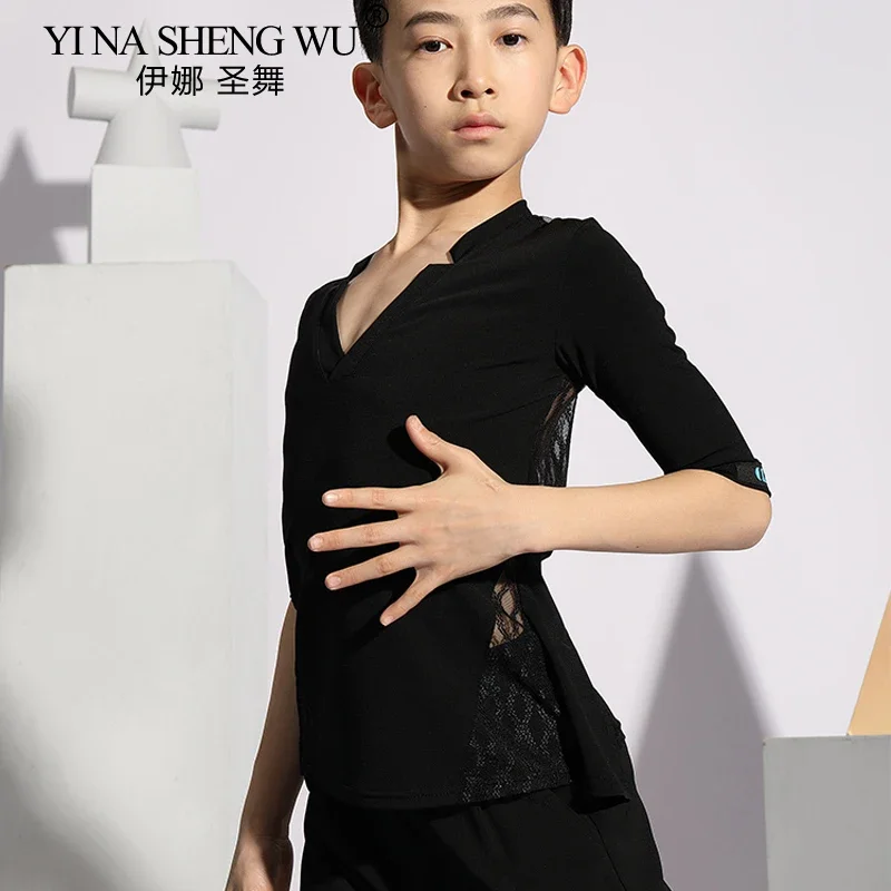 Camiseta de baile latino para hombre, ropa de actuación de competición profesional, Top hueco con espalda en blanco y negro, cómodo y transpirable