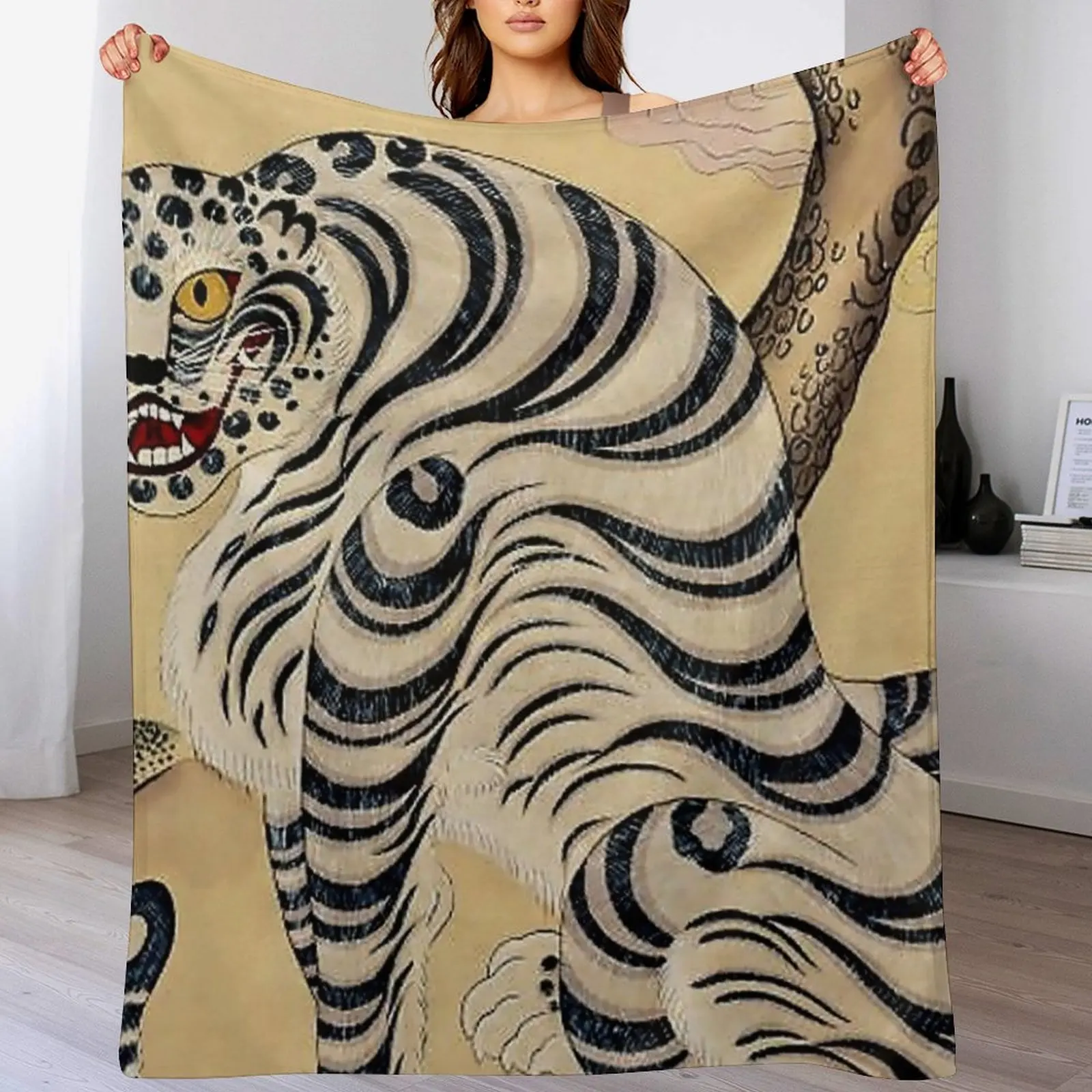 

Korean Striped Tiger Minhwa Throw Blanket Color Fast Cozy Throw Blanket