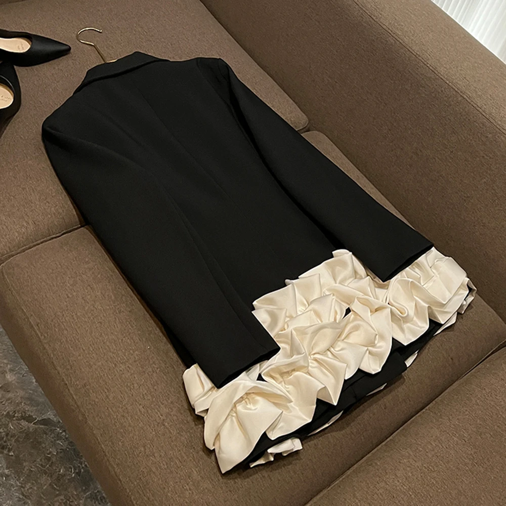 TWOTWINSTYLE Hit Color Slimming Dresses For Women Lapel Long Sleeve High Waist Spliced Folds Elegant Dress Female New KDR520701