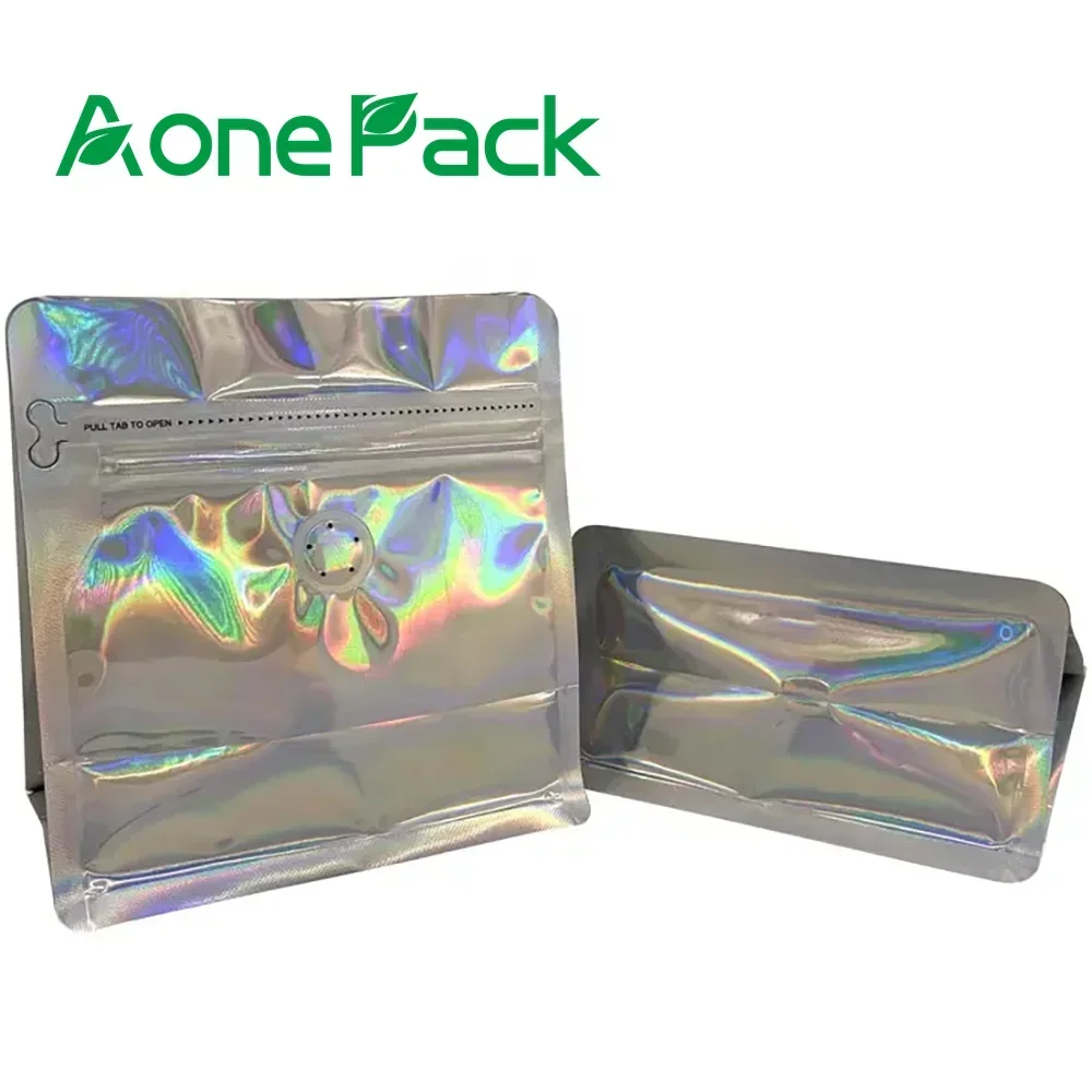 25pcs Custom Printed Holographic Zipper Mylar Flat Bottom Coffee Bean Bags with Valve and Zipper for Tea Packaging 4oz 8oz 16oz