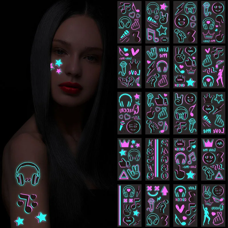 

Dual Color Luminous Waterproof Tattoo Stickers For Music Festivals Singing Dancing Birthday Party Bars Night Clubs Fluorescent