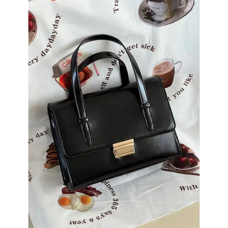 

Lock PU Leather Black Handbags for Women Autumn Winter New Korean Style Flap Commuter Bag Rectangle Fashion High End Purse