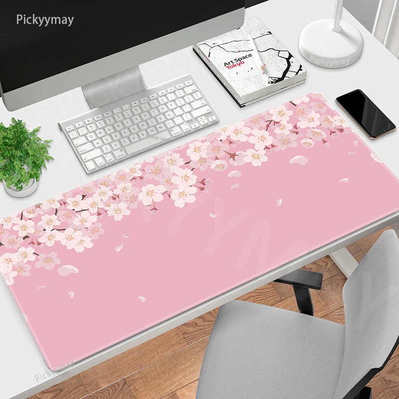 

Gamer Mousepad Pink Cherry Blossom Mouse Pad Large Mouse Mat Natural Rubber Desk Rug PC Desk Mats Sakura Mousepads 120x55cm