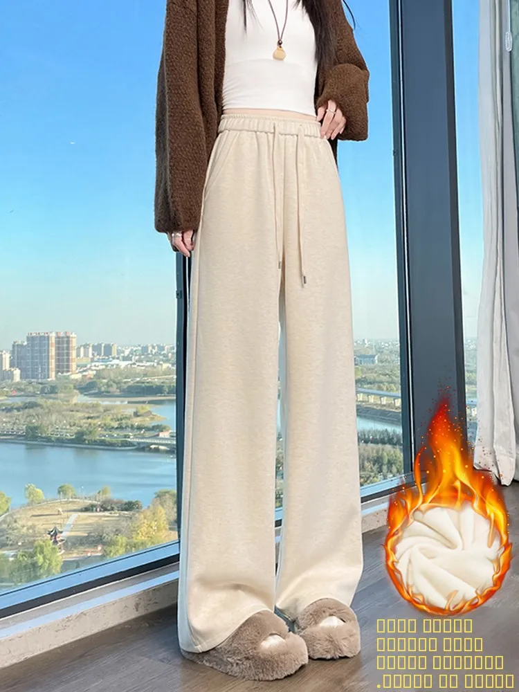 

High Waist Straight Leg Pants Women's Winter Thiened Fce Lined Drapey Casual Pants Warm Loose Fit mat Sle
