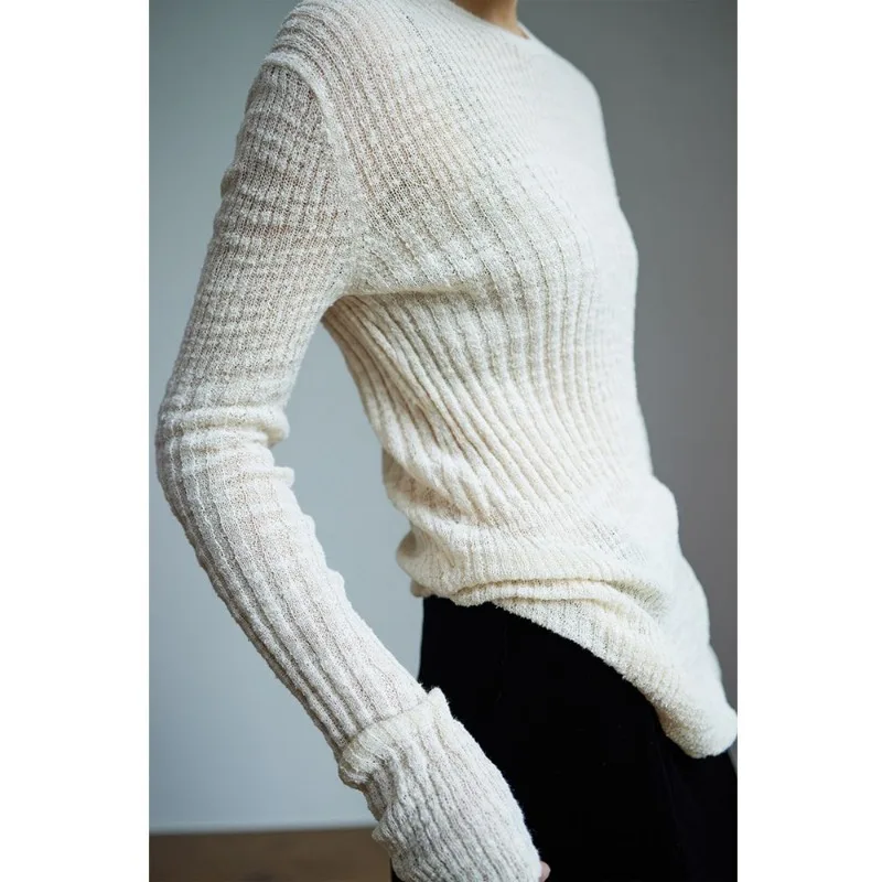 طويل من الأمام وقصير الظهر كبير تمتد حفرة الشريط محبوك مزاجه قاع قميص جولة الرقبة طويلة الأكمام تنوعا السترة #2