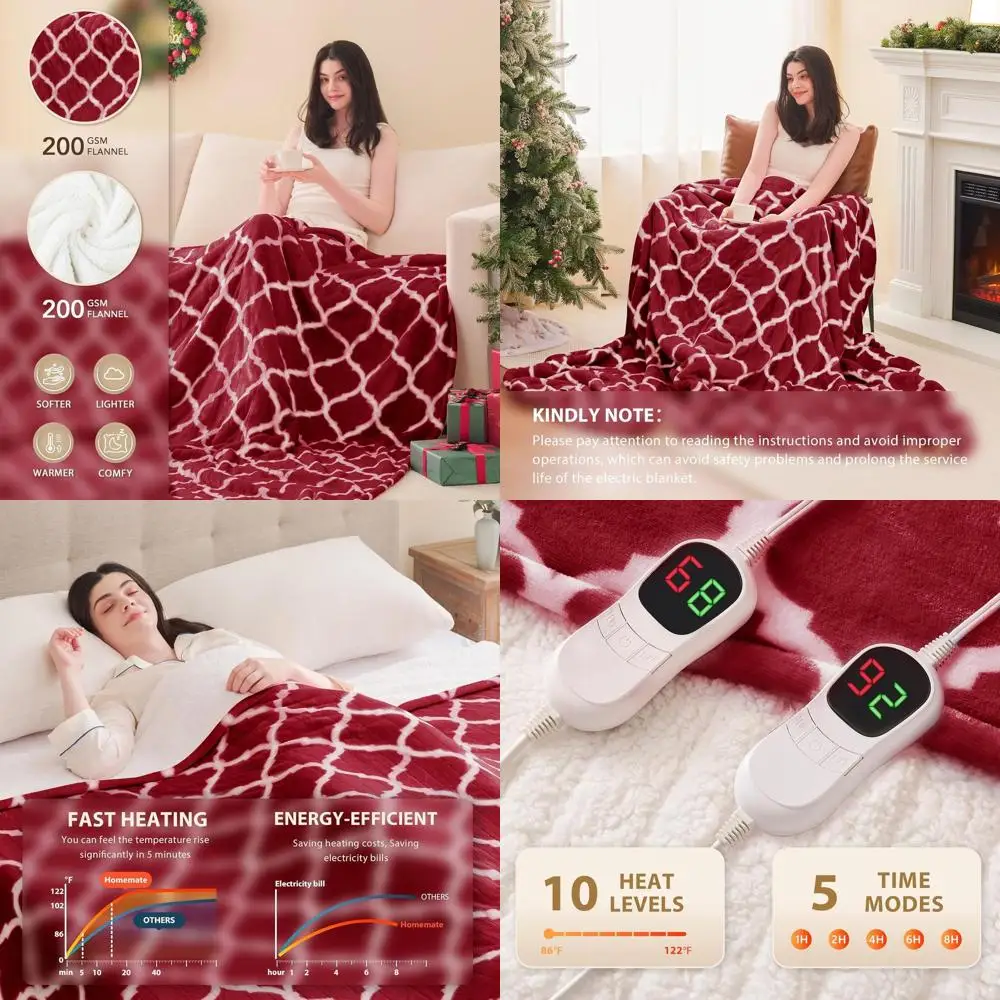 

Электрическое одеяло King Size — 100x90 с 10 настройками нагрева, автоматическое отключение на 8 часов, мягкая фланель, защита от перегрева, сертификат ETL