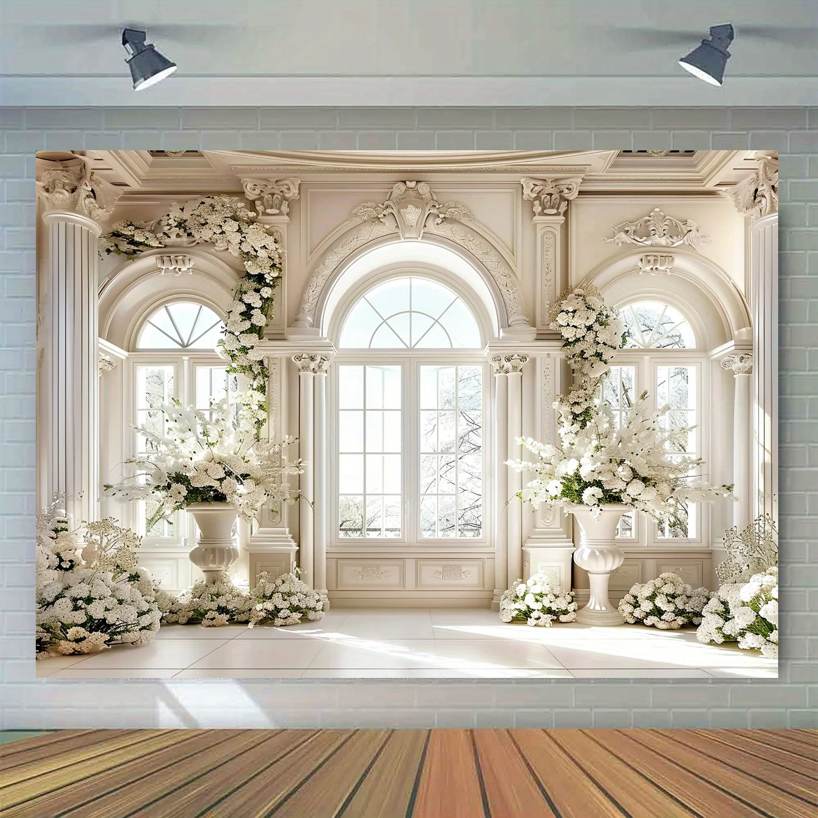 Elegantes Schlossfenster-Fotografie-Hintergrund mit Blumenmuster, geeignet für Hochzeiten und allgemeine Feiertagsdekorationen