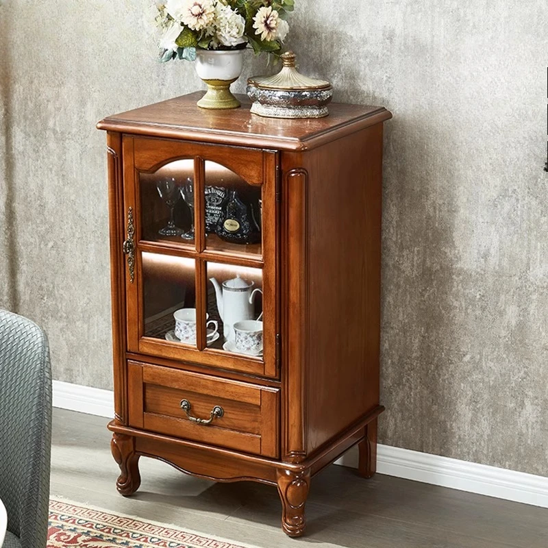 

American small wine cabinet solid wood display cabinet European living room TV side wine cabinet against the wall Small storage