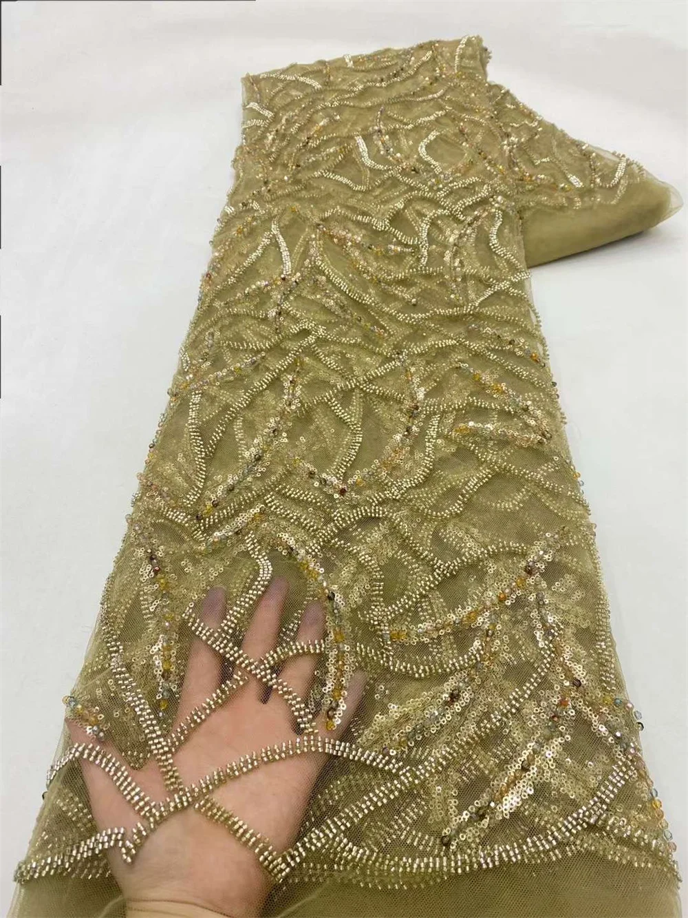 

2024 Gold Colo Exquisite Fashion Design African HandMade Beads Net Lace With Sequins French Fabric Net Lac Wedding Party Wp455-1