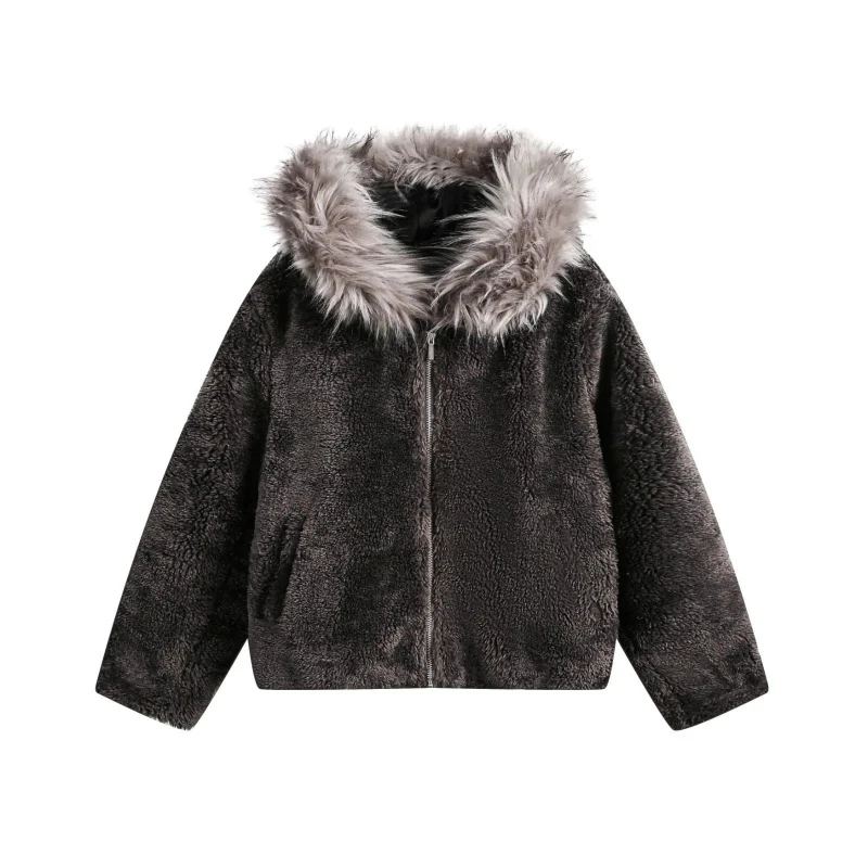 

2025 Winter Fur Collar Hooded Sweater Cardigan American Retro Zipper Street Fashion Personalized Women's Coat