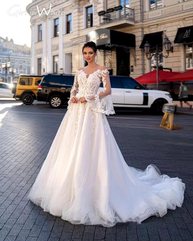 

A-line Tulle Wedding Dresses Lace Appliques Flare Sleeves O-neck Bridal Dress customized Boho Bride Gown vestidos de novia ﻿2024