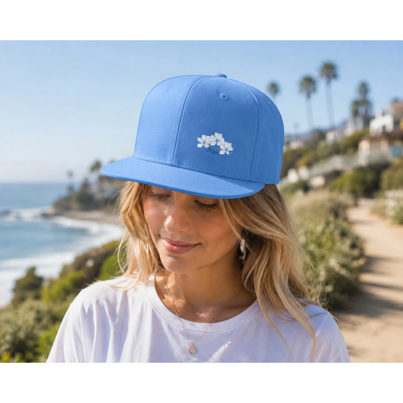 Seaside Limited Edition Fresh Blues Hibiscus Print Baseball Cap, Versatile Flat Brim Casual Hat