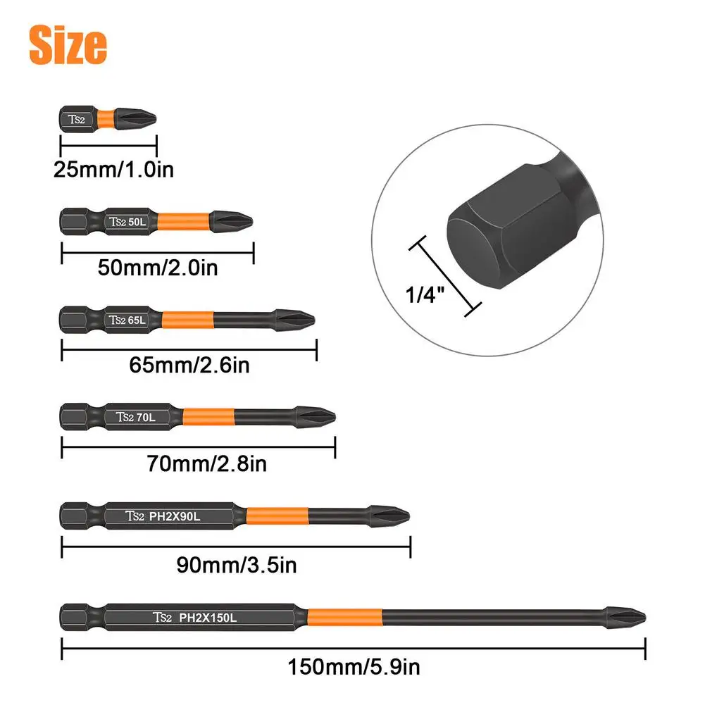 12Pcs PH2 Magnetic Screwdriver Drill Bits 1/4” Hex-Shank Strong Magnets Excellent Hardness Impact Driver Bit Set