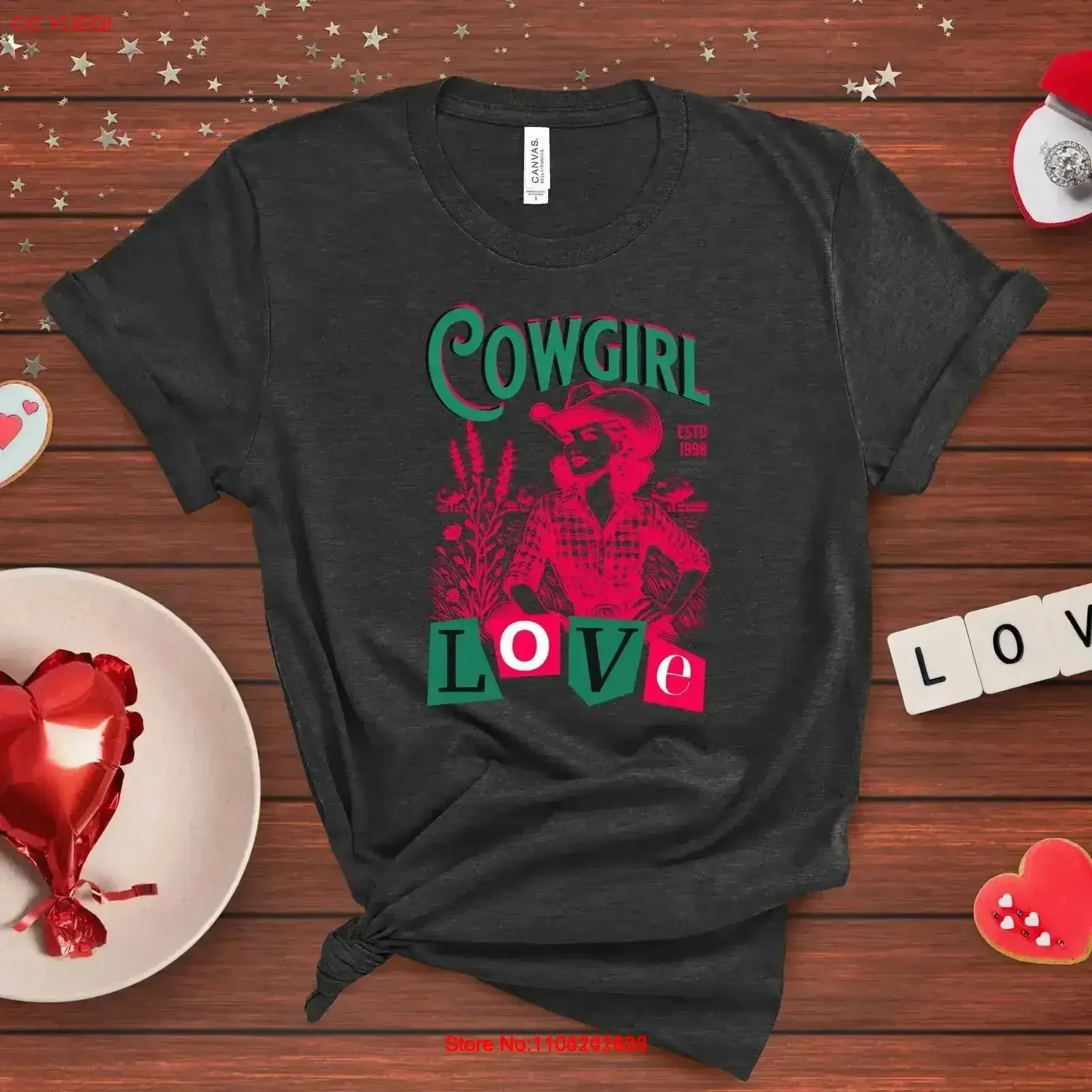 Cowgirl Love Valentine's Day women's tee Retro Vintage Style T Shirt Pink Monotone Teal Green Western Outfit for v vintage