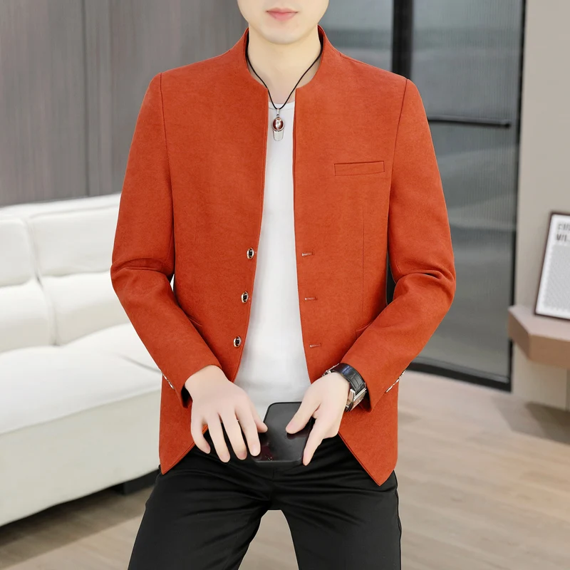 

Мужской пиджак с воротником-стойкой, весна 2026, корейский стиль, приталенный, однотонный, повседневный деловой блейзер