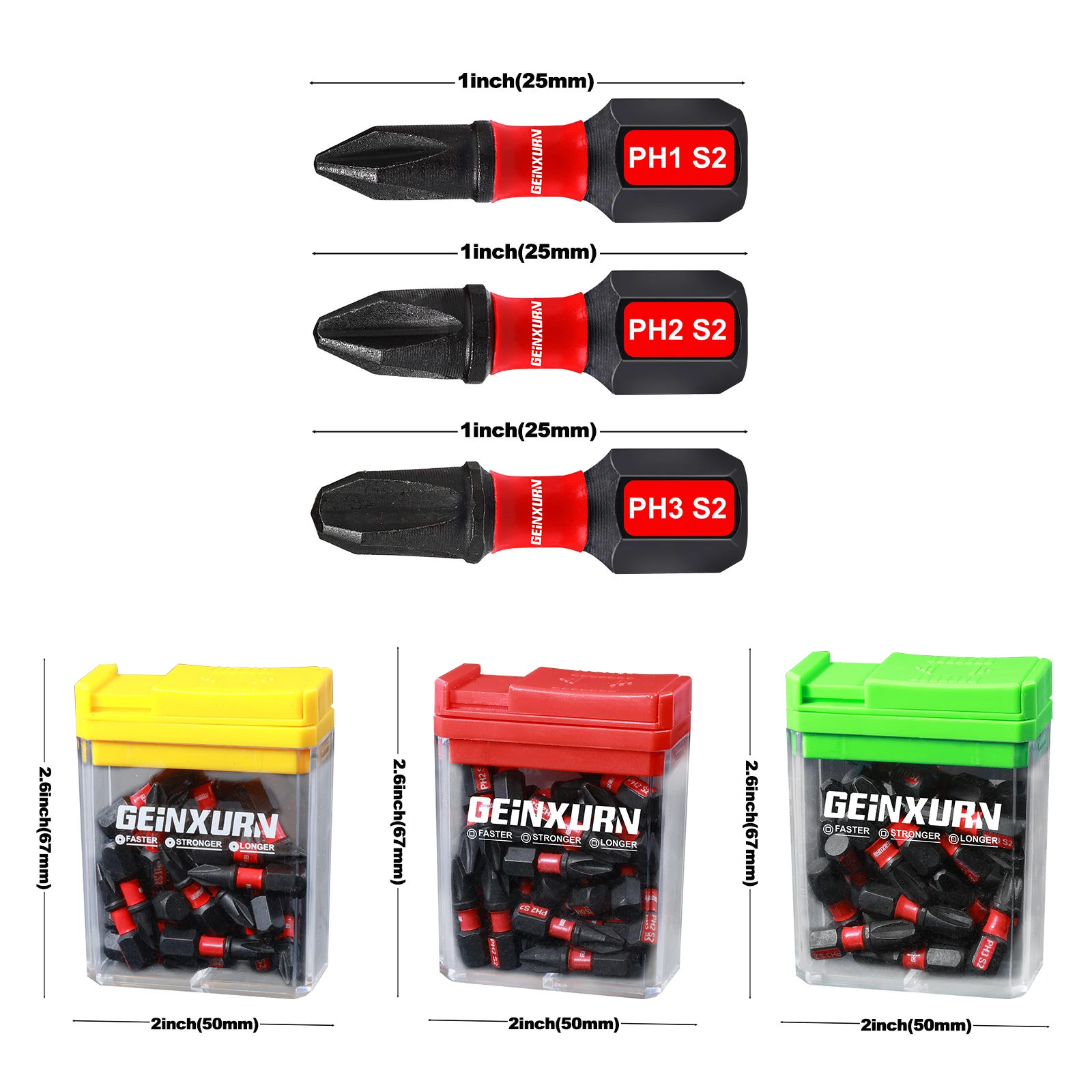 Geinxurn 30Pcs Impact Phillips Screwdriver Bits Set, S2 Steel Multi Driver Bits with Storage Colorful Box (Red,Green,Yellow)