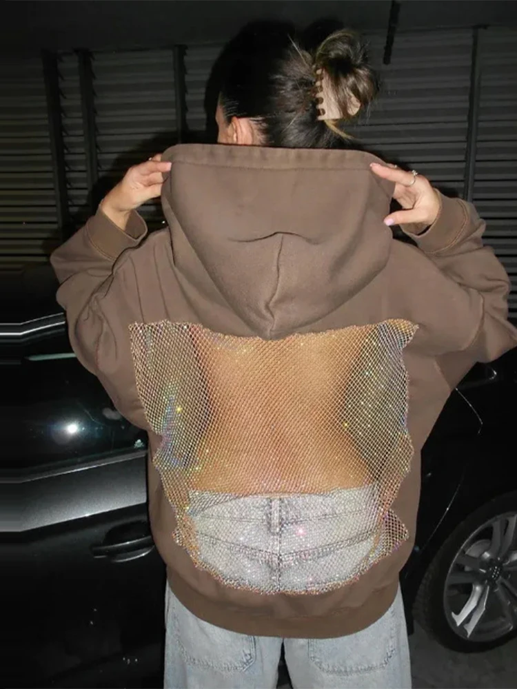 Damska kurtka z kapturem w stylu hip-hop z ażurowej siateczki, gotycka, luźna bluza dresowa w stylu Kpop, modny sweter na ulicę, nowa kolekcja 2025, odzież wierzchnia w stylu Y2k.