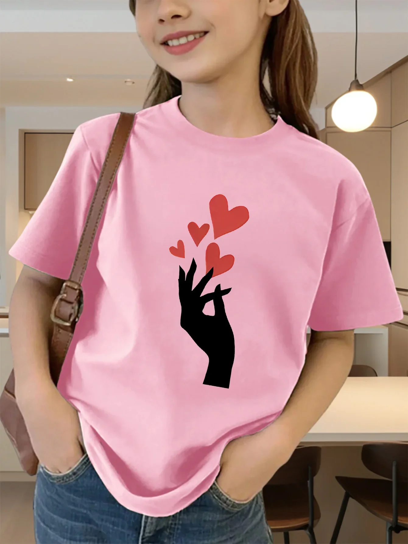 Cute Hand Silhouette Red Hearts Print Graphic Kids Tee Boys Girls Family Matching Cotton Crew Neck Short Sleeve Soft Summer Tee