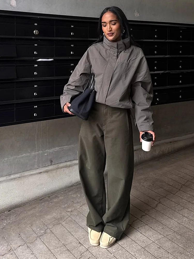 

Standing Collar Women's Thin Jackets Autumn Fashion Zipper Loose Coats Drawstring High Street Tops Casual Female Outdoor Clothes