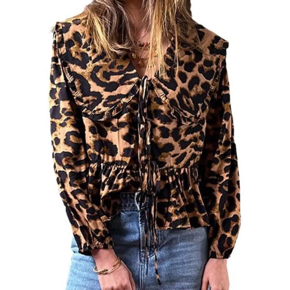 Donna Fashion Leopard Print Top autunno Casual Lantern Sleeve Cardigan con scollo a V Lace Up Personality Street pendolarismo camicie