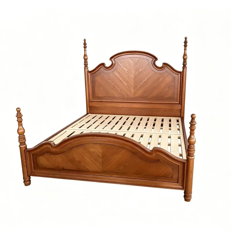 American Style Lightweight French Solid Oak Bed with Herringbone Inlay King Queen Size Four Poster Platform Bed Frame