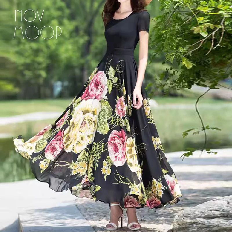 

Top quality chiffon dress max flare holiday wear delicate flora print soft breathable fabric daily occasion Italy style LT3363