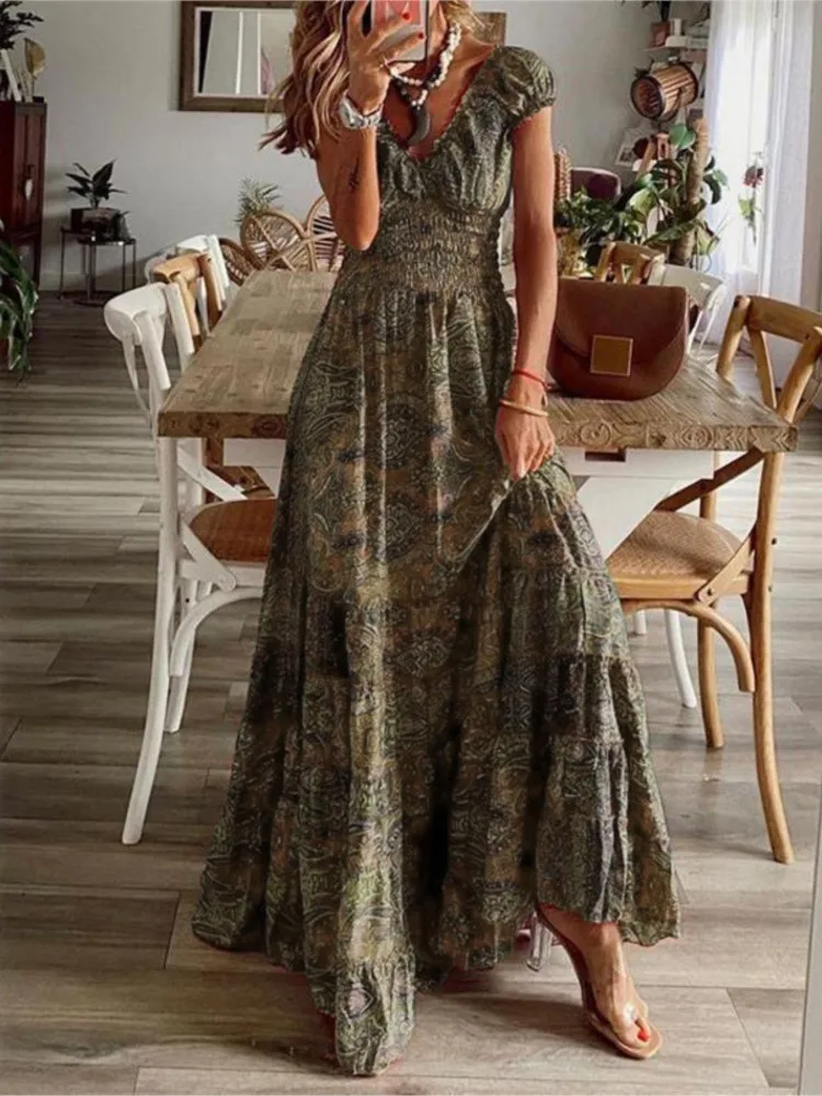 Women's Summer New Ethnic Style Printed Dress  Short-sleeved Waist Dress Fashionable Floral Petal Sleeves Large Hem A-line Dress