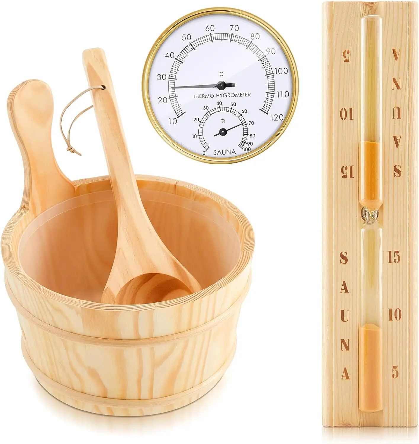 

4 Pcs Sauna Accessories Set Include Wooden Sauna Bucket (with Plastic Liner) with Ladle 2 in 1 Thermometer Hygrometer Hourglass