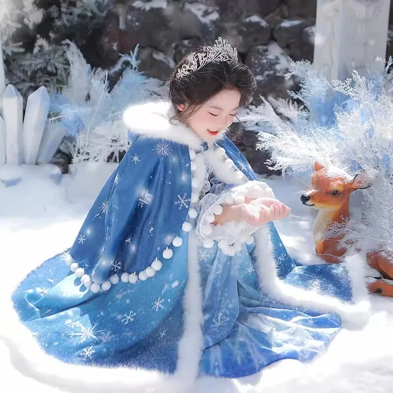 فستان مبطن شتوي دافئ للفتيات جديد لعام 2025 مع عباءة للأطفال الجنية القديمة أداء زي الأطفال بدلة تانغ ملابس السنة الجديدة