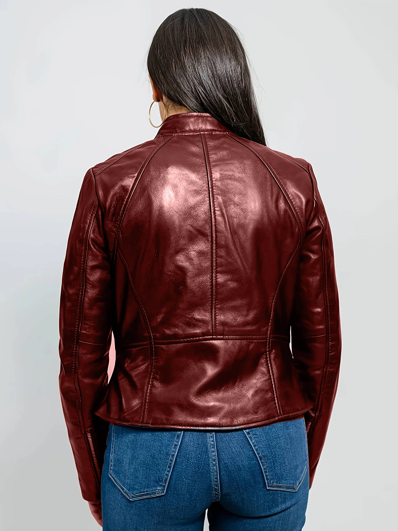 Plus Size Women's Artificial Leather PU Casual Jacket Stand Collar Zipper Up Slim High Street  Leather PU Jacket Outerwear 2024