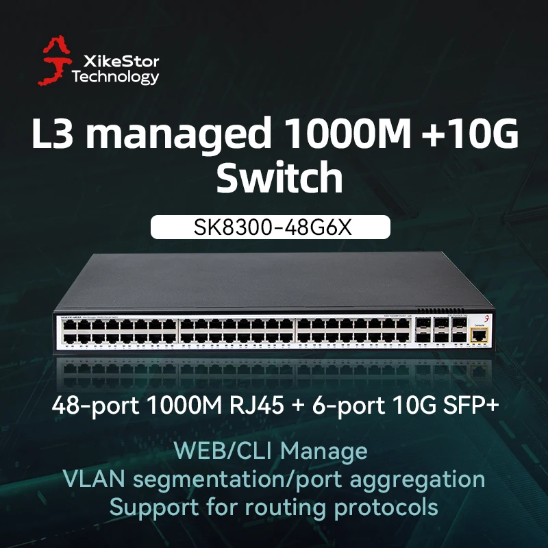 

XikeStor L3 Управляемый 48 портов 1000M RJ45 6 портов 10G SFP+ WEB/CLI Управление поддержкой протоколов маршрутизации Порт VLAN Соглашение