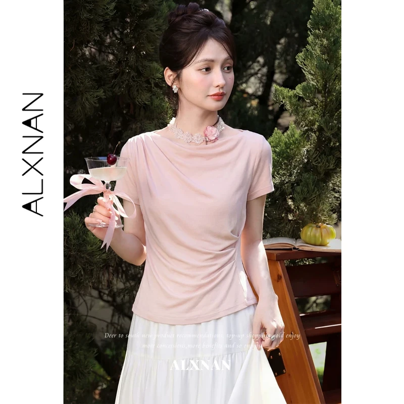 

ALXNAN Pink Short Sleeve T-shirt Women Summer Cowl Neck Waist Ruched Design T-shirts Casual Elegant Sweet Female Tops L63757A
