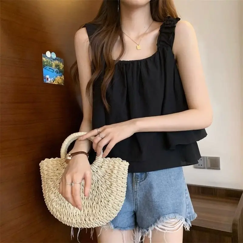 Square Collar Simplicity Pleated Sleeveless Shirts Tops New Solid Youth Sweet All-match Korean Blouse Summer Women Clothing