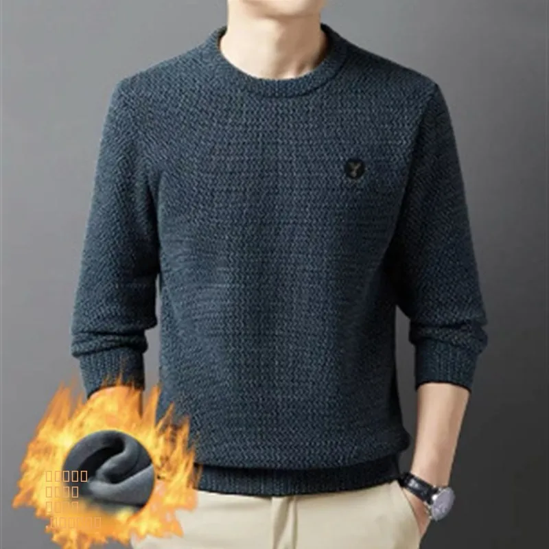 

Мужской вязаный свитер с флисовой подкладкой, круглый вырез, повседневный, утепленный, зимний, новый стиль, модный трикотаж, дышащий, приятный для кожи