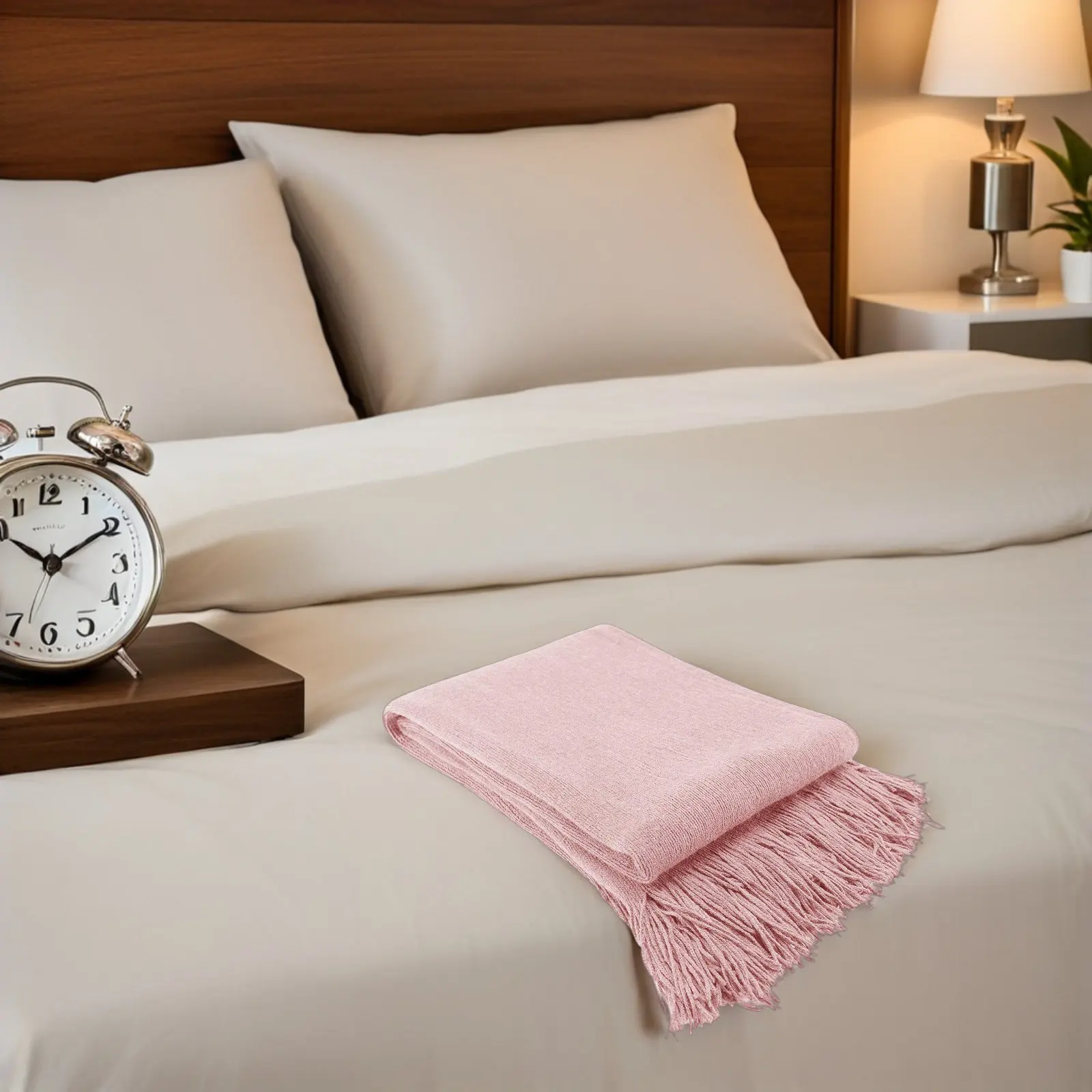 Stylish Solid Color Fringed Nordic Blanket 220x127cm Pink Soft Skin Friendly Breathable for Living Room Bedroom Hotel Use