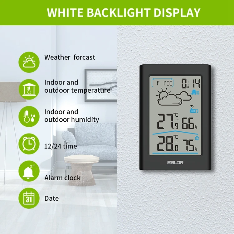 Indoor Outdoor Hygrometer Thermometer Digital Weather Station Wireless Weather Forecast Sensor Alarm Clock Date Backlight