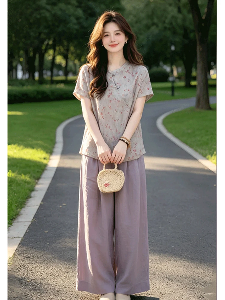 

Retro Floral Print Two-Piece Set Women's Summer Casual Straight Leg Short Sleeve Shirt High Waist Pants Comfortable Breathable