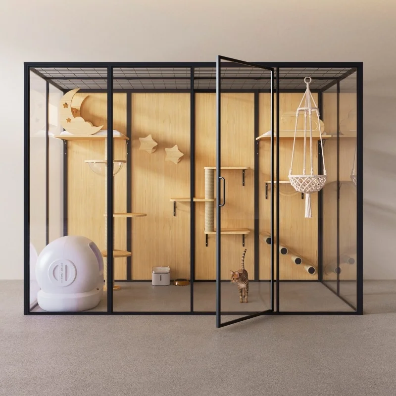 

Large Modern Cat Cage Villa with Spacious Glass Balcony Luxurious Indoor Pet Room and Cat House Cabinet House Nest