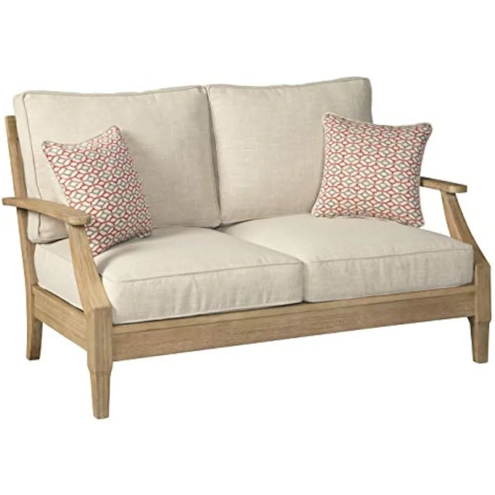 

Clare View Coastal Outdoor Patio Eucalyptus Loveseat with Cushions, Beige