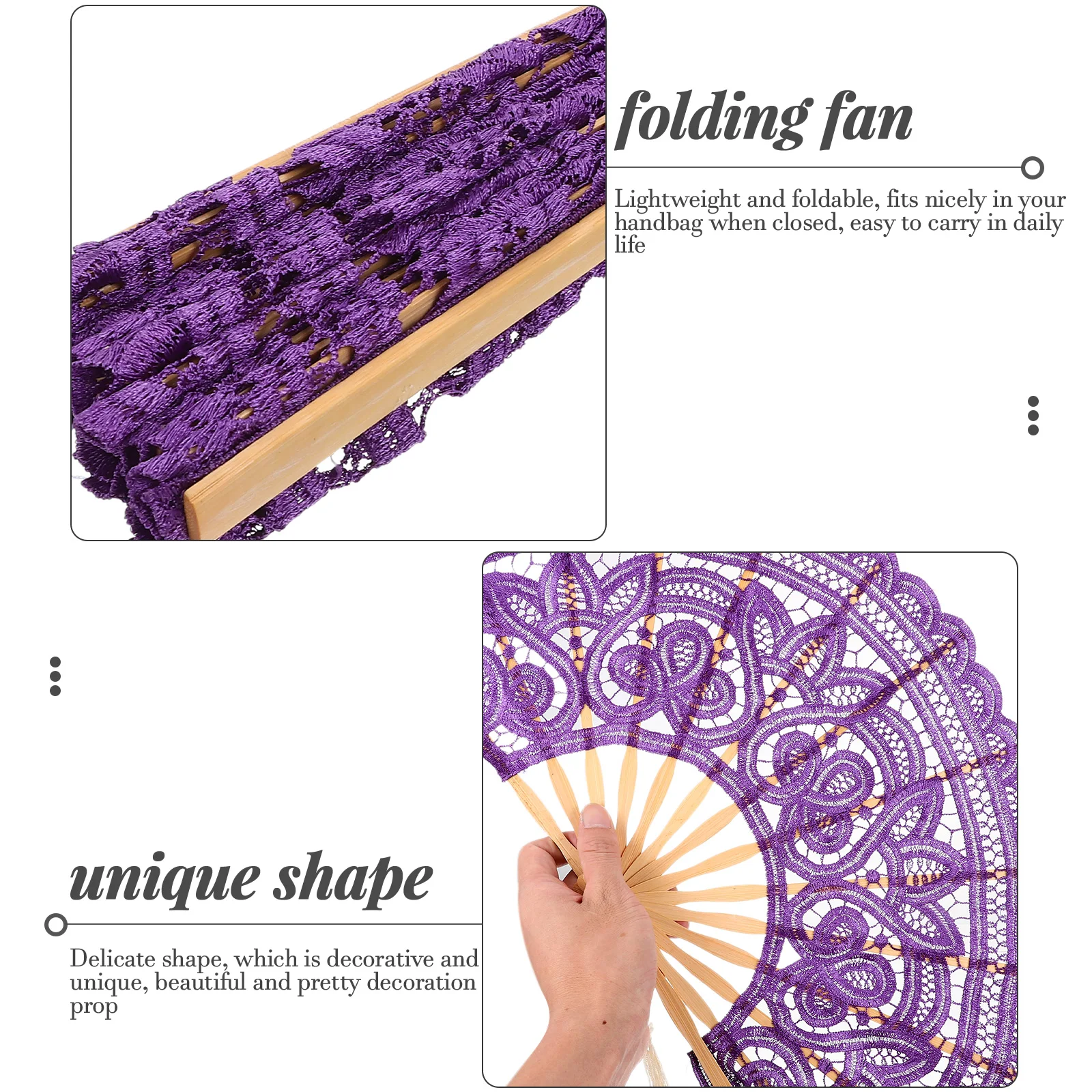 

Embroidered Lace Bamboo Fans Foldable Handheld Vintage Purple Wedding Decoration Prop for Dancers Stage Performance Lightweight