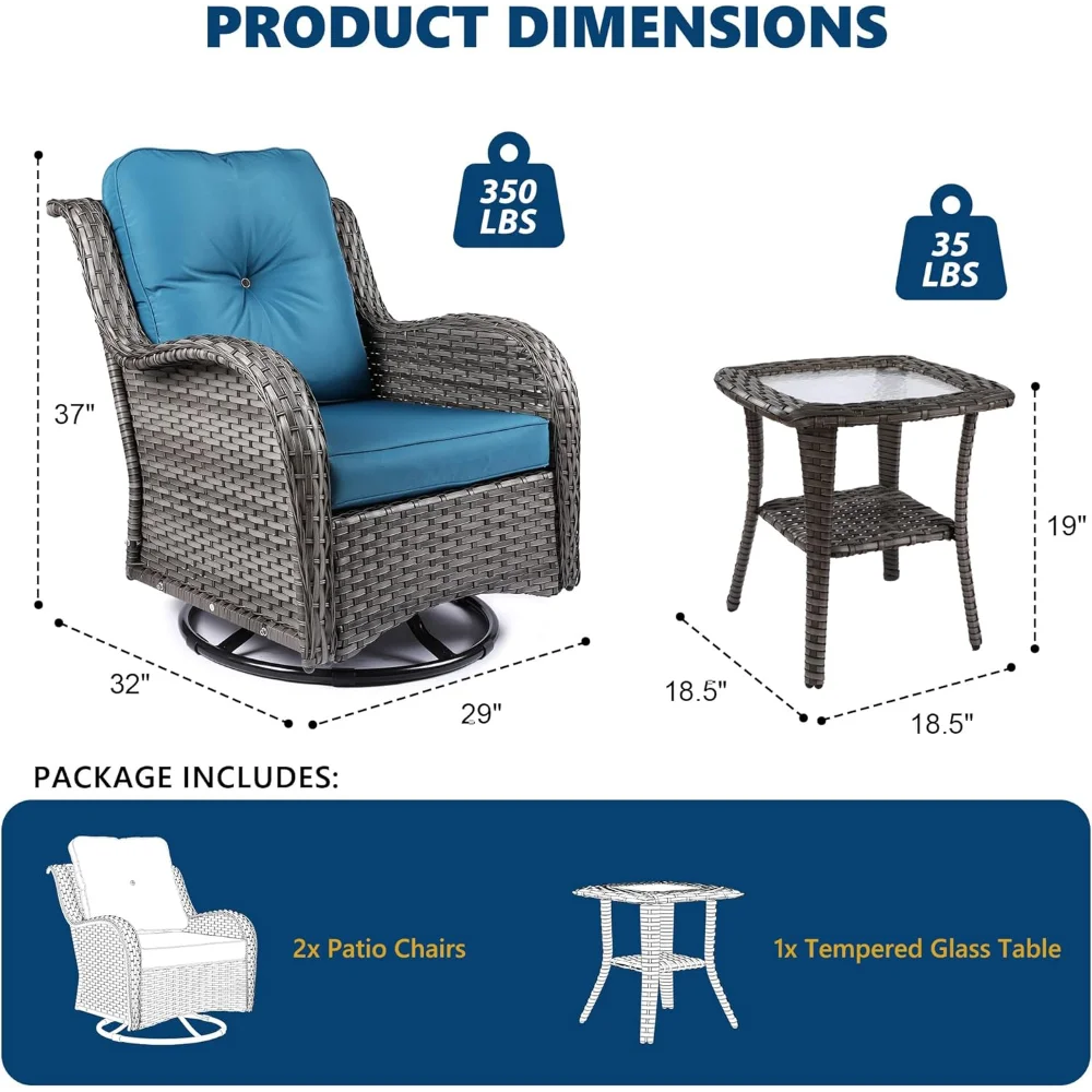 

360° Wicker Swivel Rocker Chairs Outdoor Bistro Conversation Chairs Sets of 2 with Side Table 3 Pieces Patio Furniture
