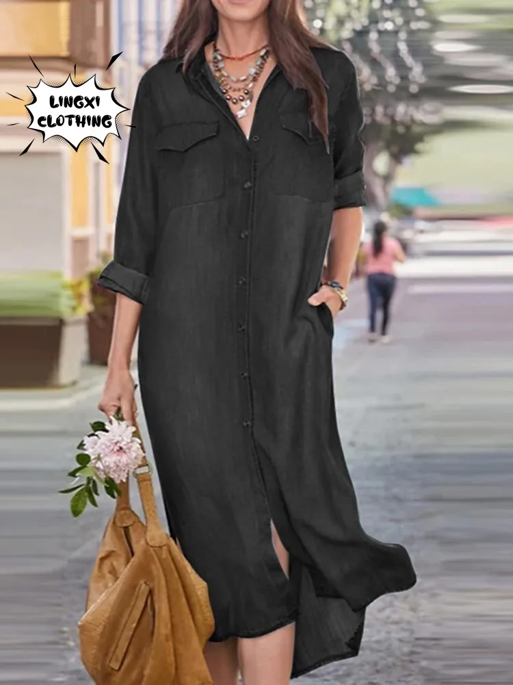 Robe longue décontractée pour femmes, coupe adt, col rond, style de rue, mode coréenne, coton, denim, été, nouveau, 2024