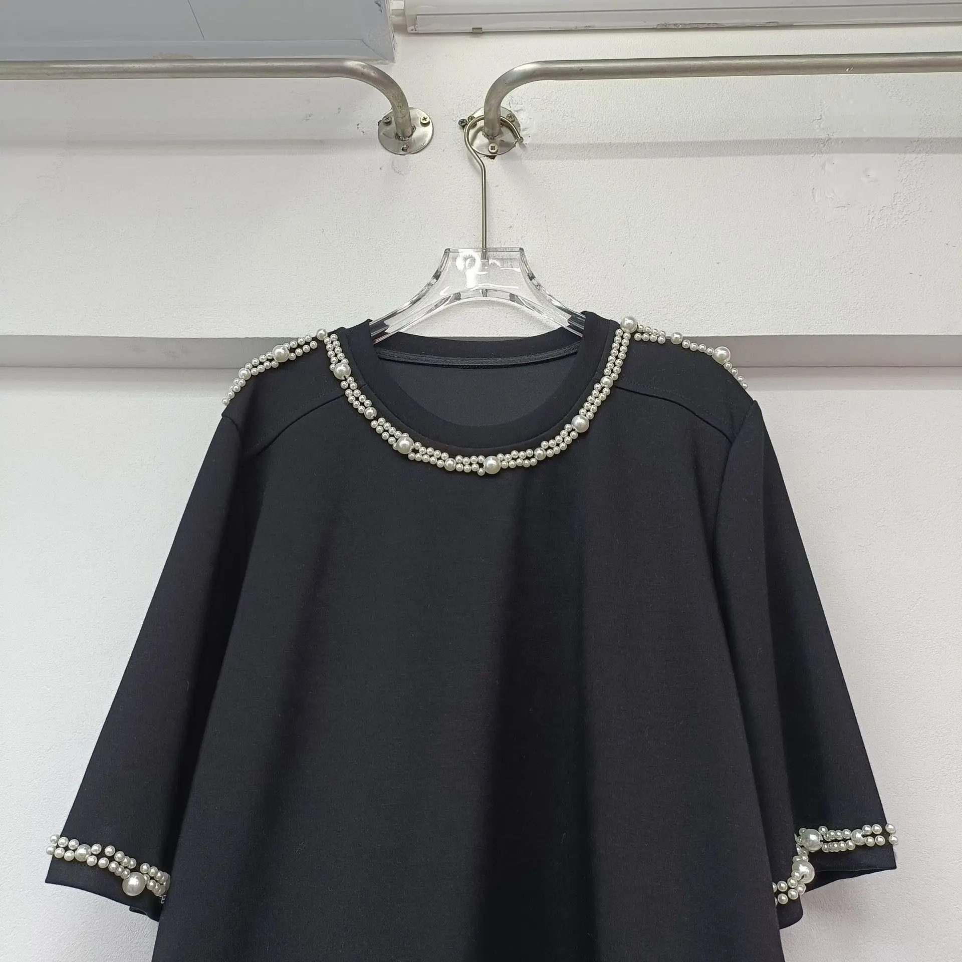 デザインセンス重工業ビーズルーズ半袖Tシャツドレスレディース春夏新作ルーズスイートブラックドレス