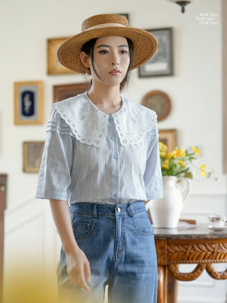 

Spring Summer Short Sleeve Embroidered Lace Collar Doll Collar Women's Shirt Pure Cotton Top Breathable Comfortable Casual Bl...