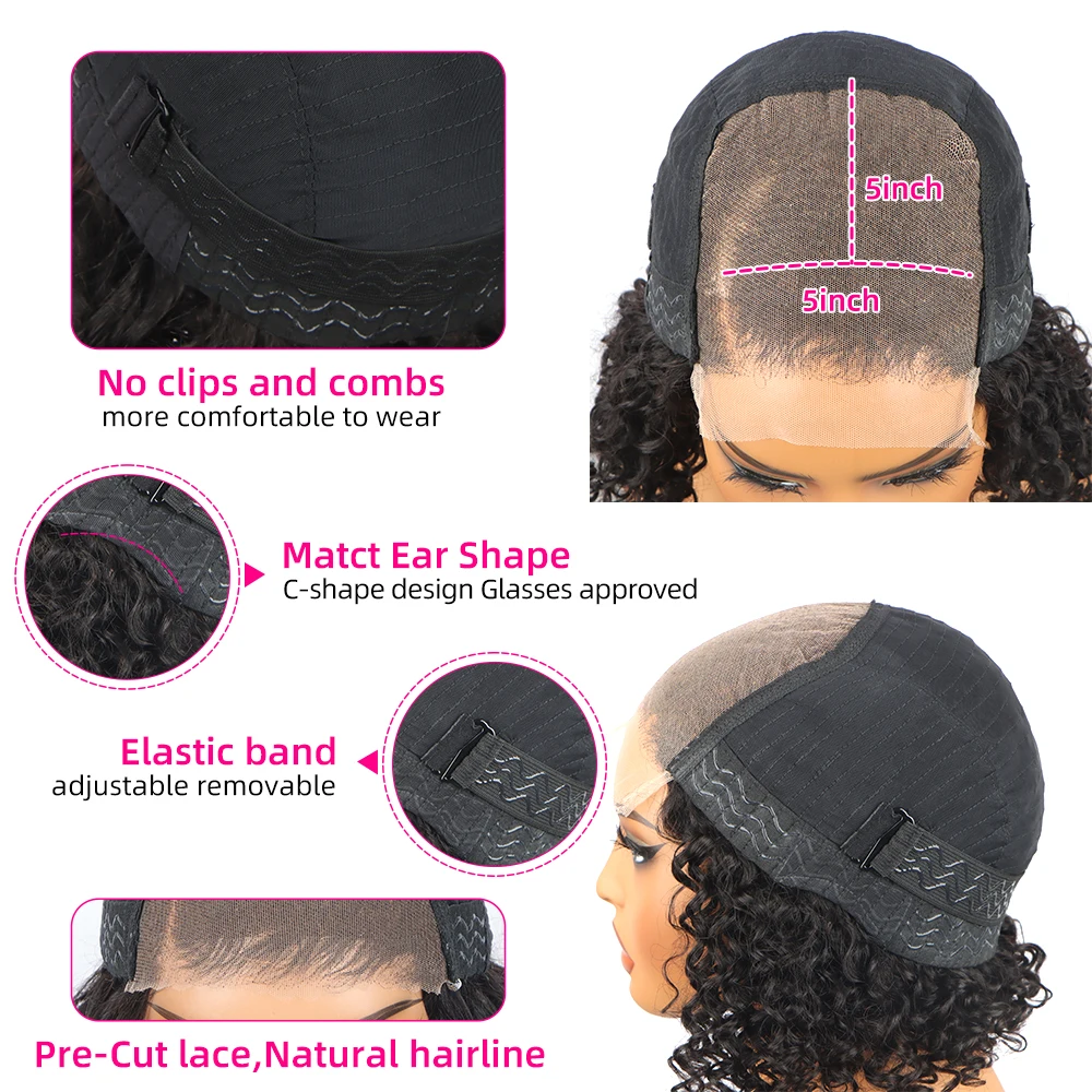 Pelucas Bob corto sin pegamento, cabello humano precortado 5x5, cierre de encaje frontal, onda del cuerpo prearrancada, peluca sin pegamento, pelucas mejoradas