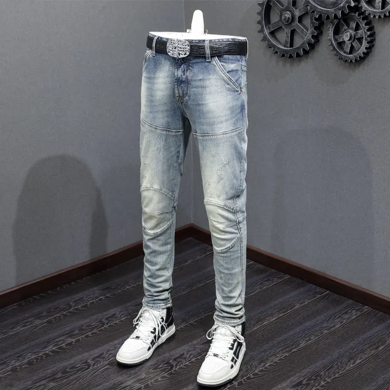 High Street Fashion Men Jeans Retro Washed Blue Stretch Spliced Designer Slim Fit Biker Jeans Men Hip Hop Denim Ripped Pants