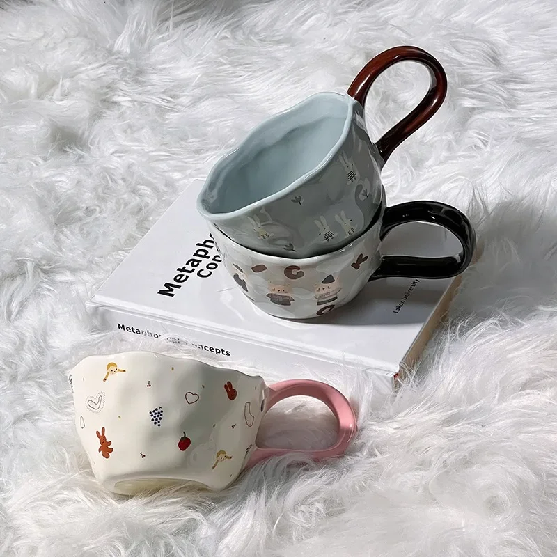 300ml Hand Pinched Irregular Ceramic Mugs Cute Bear Rabbit Coffee Cups Milk Cup for Kids Breakfast Oatmeal Cup Festival gift